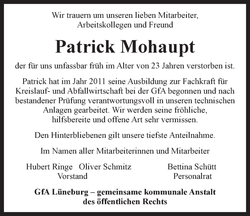  Traueranzeige für Patrick Mohaupt vom 14.01.2017 aus LZ
