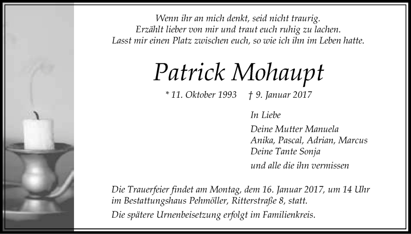  Traueranzeige für Patrick Mohaupt vom 14.01.2017 aus LZ