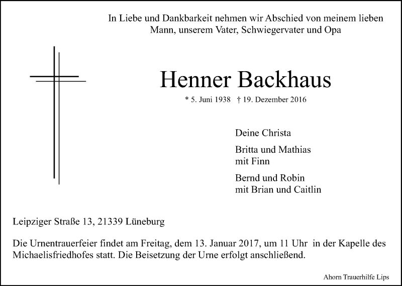  Traueranzeige für Henner Backhaus vom 07.01.2017 aus LZ