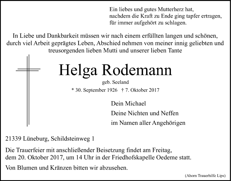  Traueranzeige für Helga Rodemann vom 14.10.2017 aus LZ