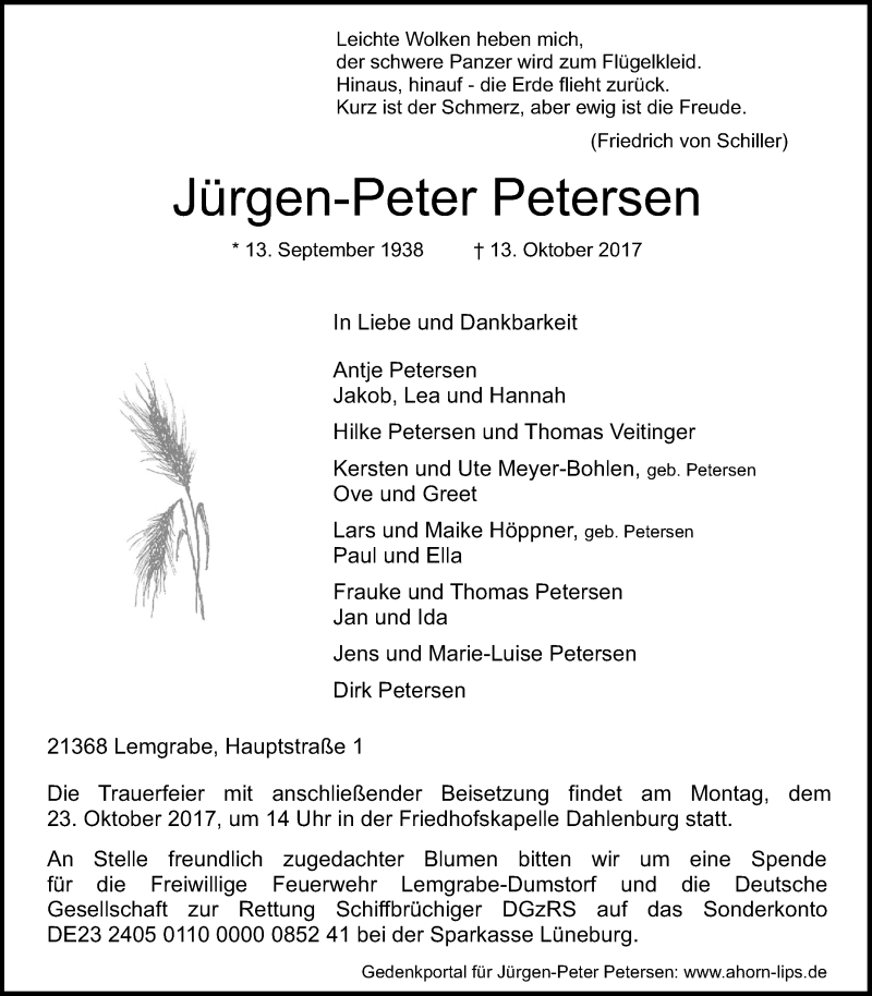  Traueranzeige für Jürgen-Peter Petersen vom 16.10.2017 aus LZ