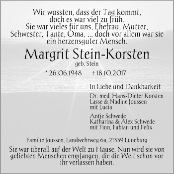 Anzeige von Margrit Stein-Korsten von LZ