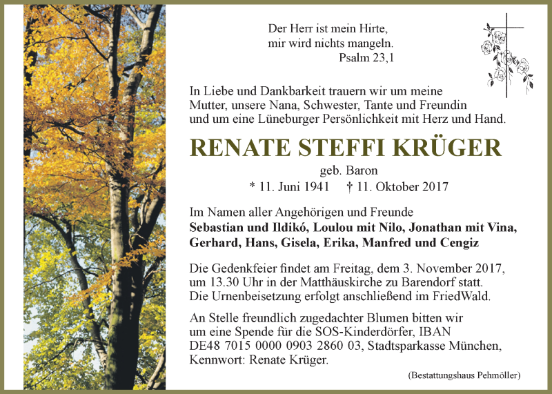  Traueranzeige für Renate Steffi Krüger vom 28.10.2017 aus LZ