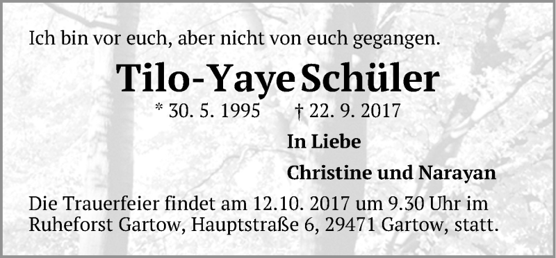  Traueranzeige für Tilo-Yaye Schüler vom 10.10.2017 aus LZ