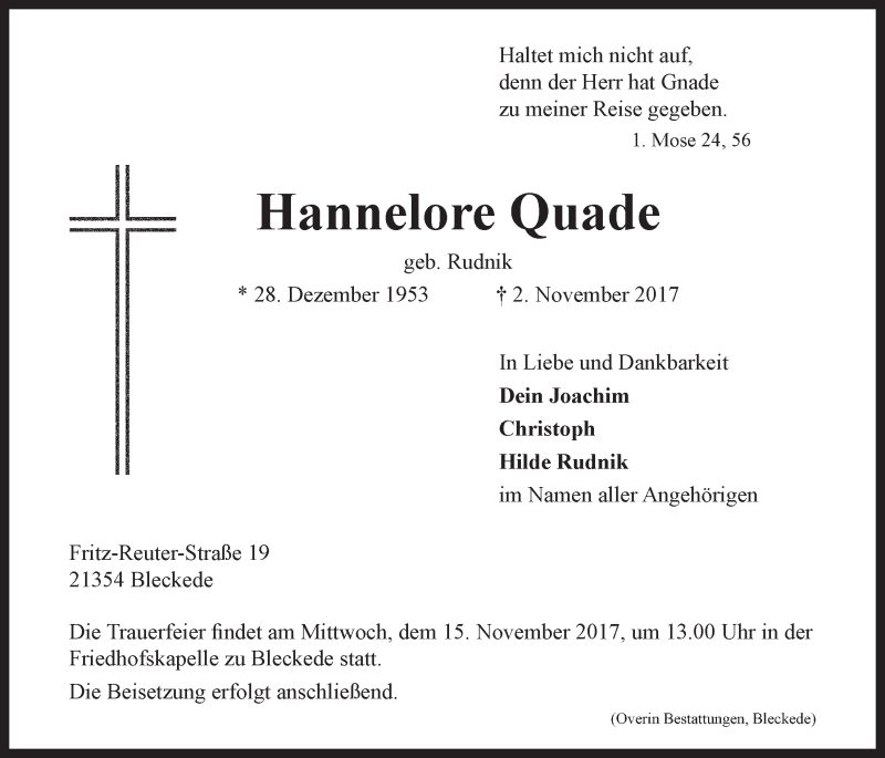  Traueranzeige für Hannelore Quade vom 10.11.2017 aus LZ