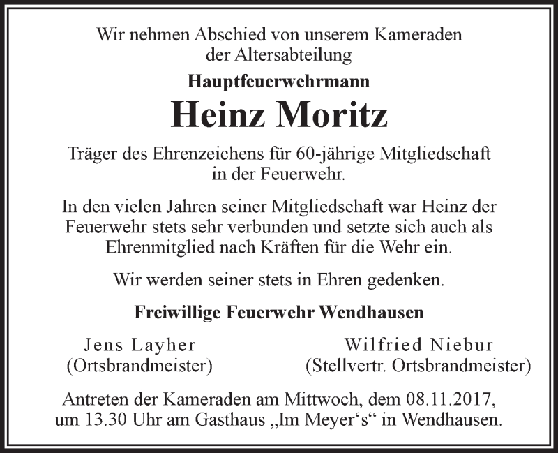  Traueranzeige für Heinz Moritz vom 07.11.2017 aus LZ