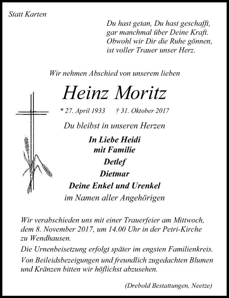  Traueranzeige für Heinz Moritz vom 04.11.2017 aus LZ