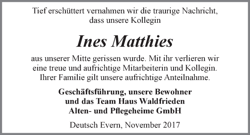 Traueranzeige für Ines Matthies vom 08.11.2017 aus LZ