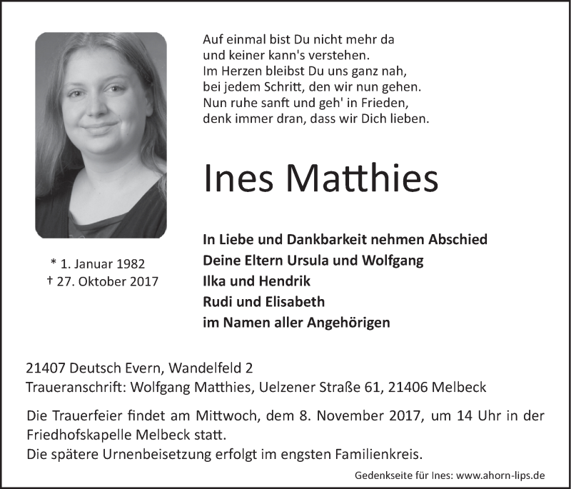  Traueranzeige für Ines Matthies vom 04.11.2017 aus LZ
