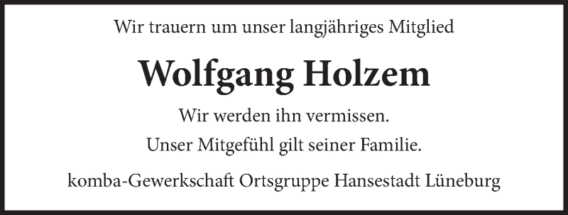  Traueranzeige für Wolfgang Holzem vom 09.12.2017 aus LZ