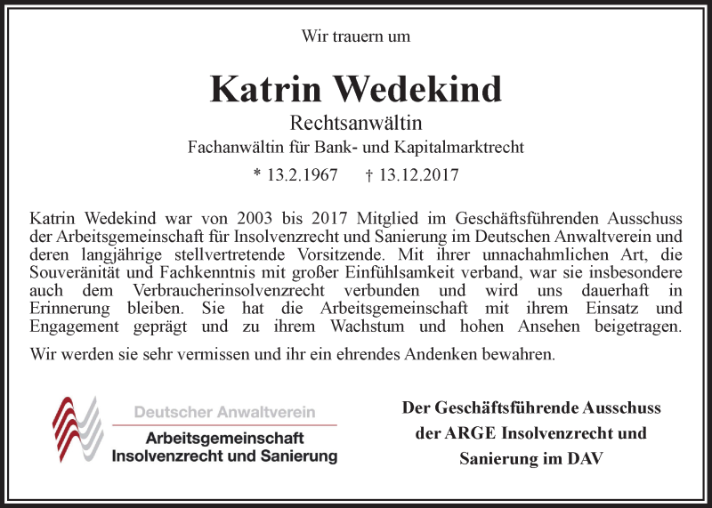  Traueranzeige für Katrin Wedekind vom 20.12.2017 aus LZ