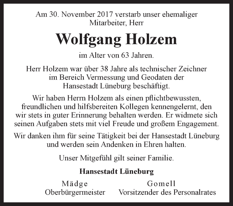  Traueranzeige für Wolfgang Holzem vom 09.12.2017 aus LZ
