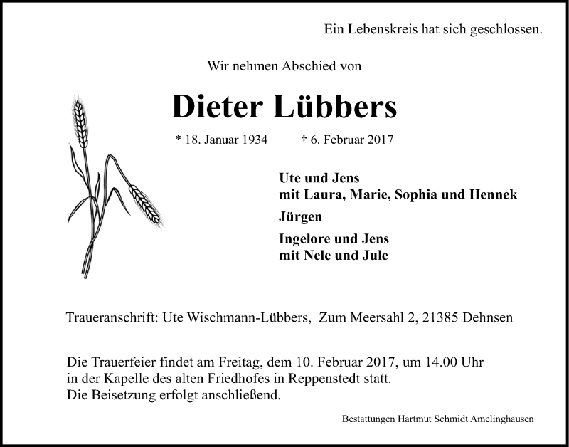  Traueranzeige für Dieter Lübbers vom 08.02.2017 aus LZ