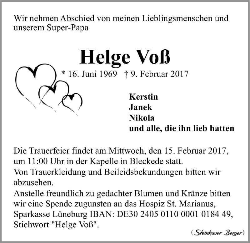  Traueranzeige für Helge Voß vom 13.02.2017 aus LZ