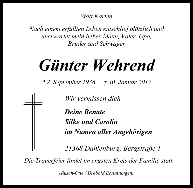  Traueranzeige für Günter Wehrend vom 01.02.2017 aus LZ