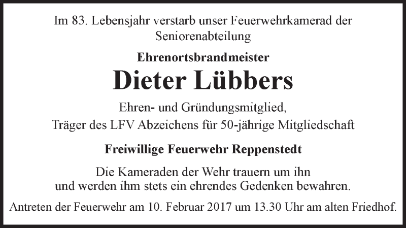  Traueranzeige für Dieter Lübbers vom 09.02.2017 aus LZ