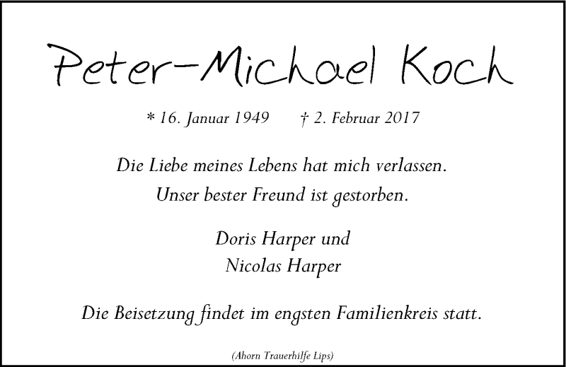  Traueranzeige für Peter-Michael Koch vom 07.02.2017 aus LZ