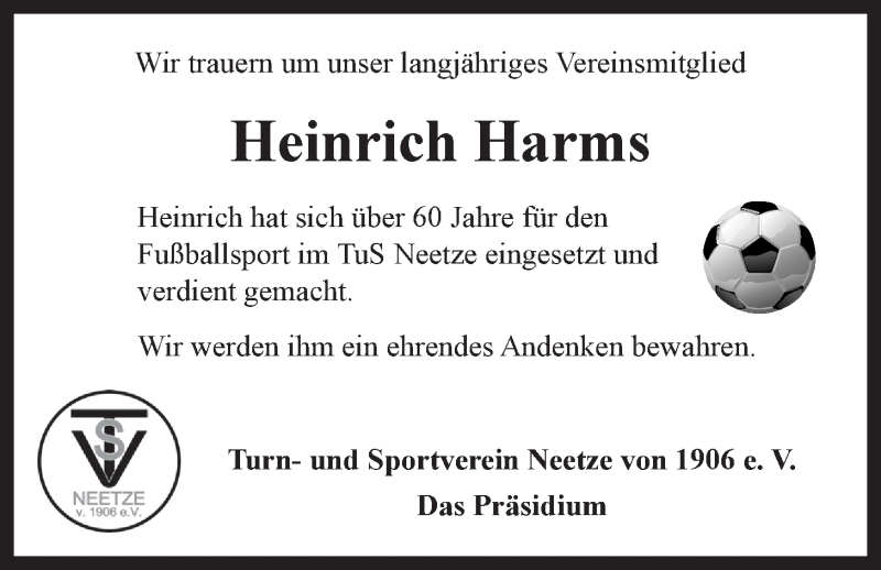  Traueranzeige für Heinrich Harms vom 02.02.2017 aus LZ