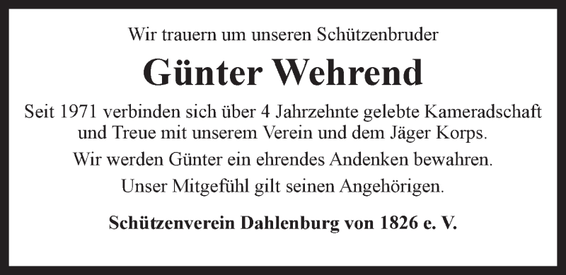 Traueranzeige für Günter Wehrend vom 02.02.2017 aus LZ