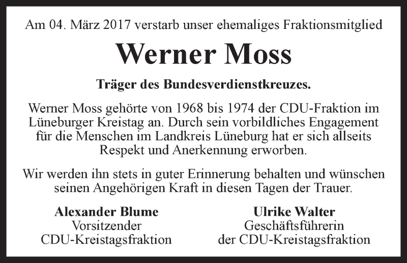  Traueranzeige für Werner Moss vom 08.03.2017 aus LZ