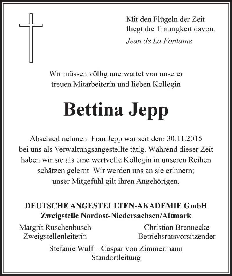  Traueranzeige für Bettina Jepp vom 30.03.2017 aus LZ