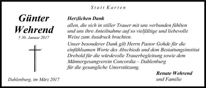  Traueranzeige für Günter Wehrend vom 11.03.2017 aus LZ