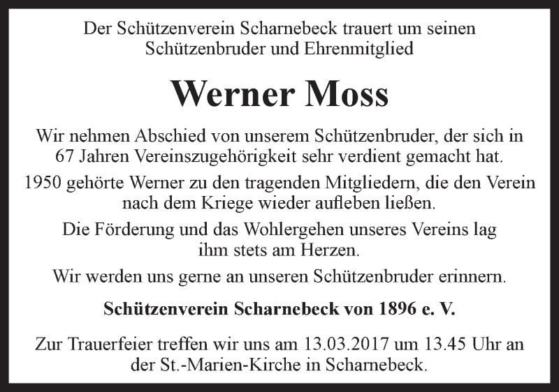  Traueranzeige für Werner Moss vom 08.03.2017 aus LZ