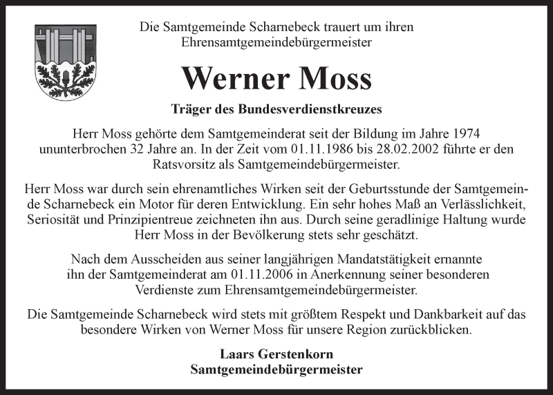  Traueranzeige für Werner Moss vom 08.03.2017 aus LZ