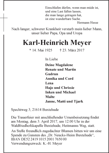Anzeige von Karl-Heinrich Meyer von LZ