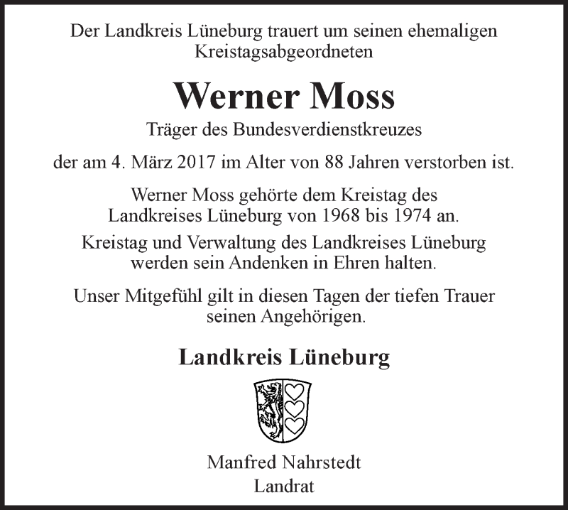  Traueranzeige für Werner Moss vom 08.03.2017 aus LZ