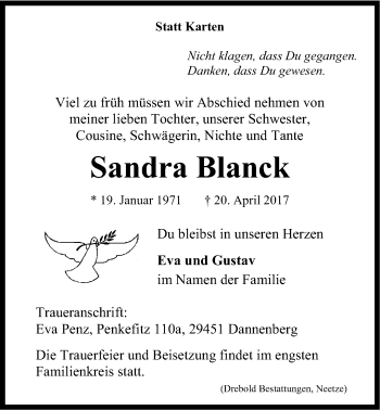 Anzeige von Sandra Blanck von LZ