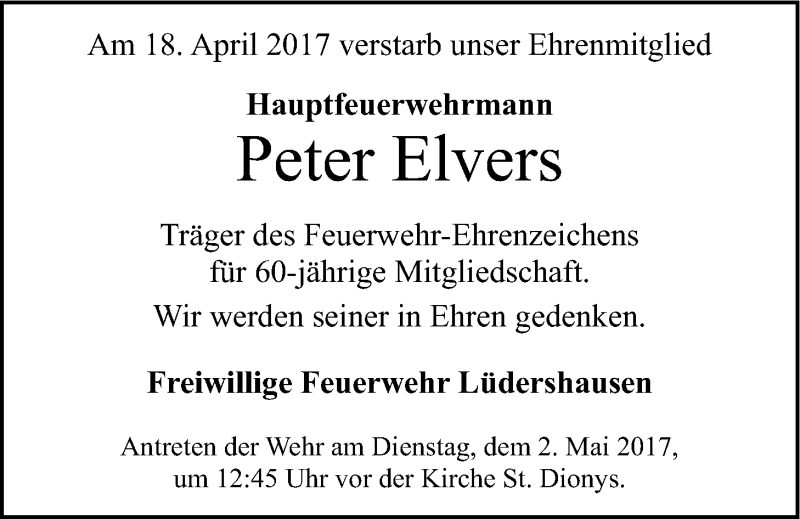  Traueranzeige für Peter Elvers vom 22.04.2017 aus LZ
