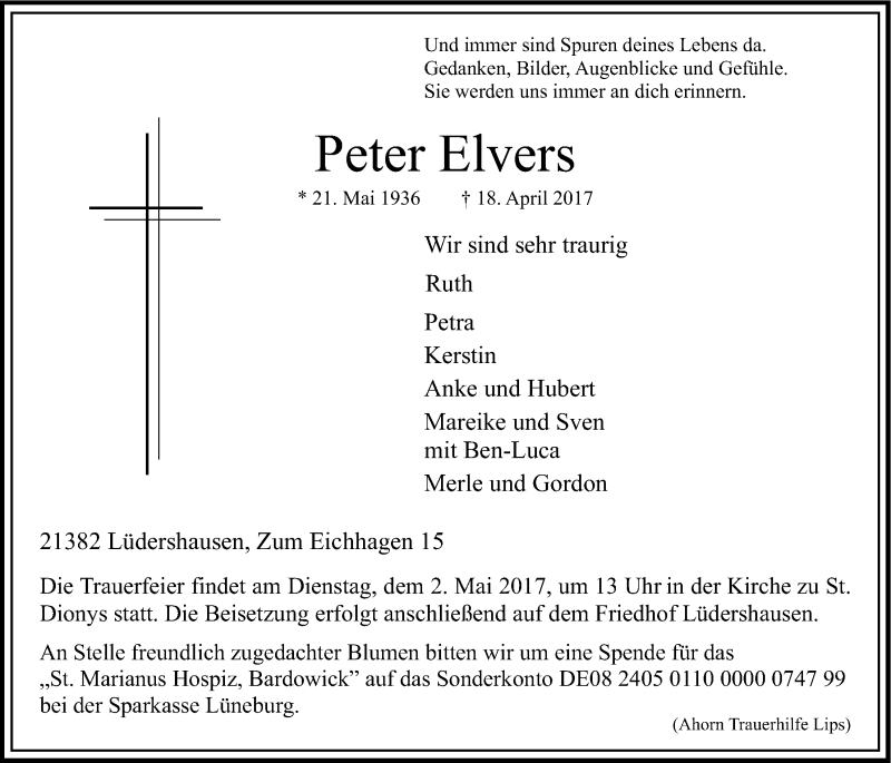  Traueranzeige für Peter Elvers vom 22.04.2017 aus LZ