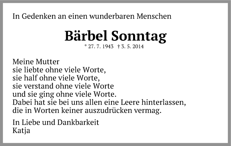  Traueranzeige für Bärbel Sonntag vom 29.04.2017 aus LZ