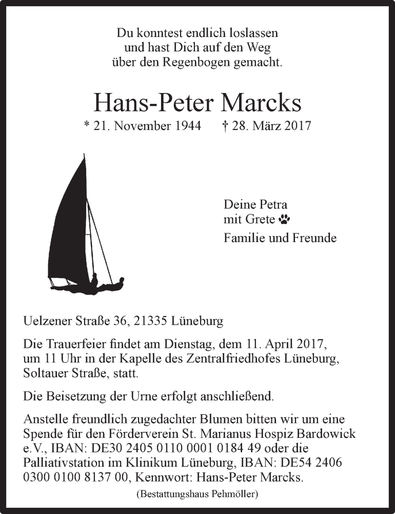  Traueranzeige für Hans-Peter Marcks vom 05.04.2017 aus LZ