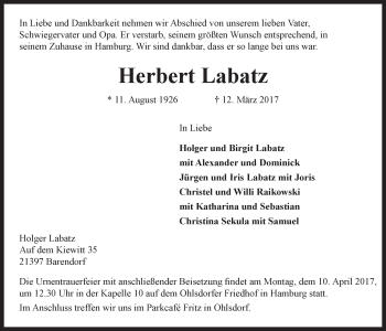 Anzeige von Herbert Labatz von LZ