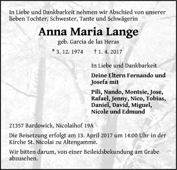 Traueranzeigen von Anna Maria Lange | Trauer-Lüneburg.de