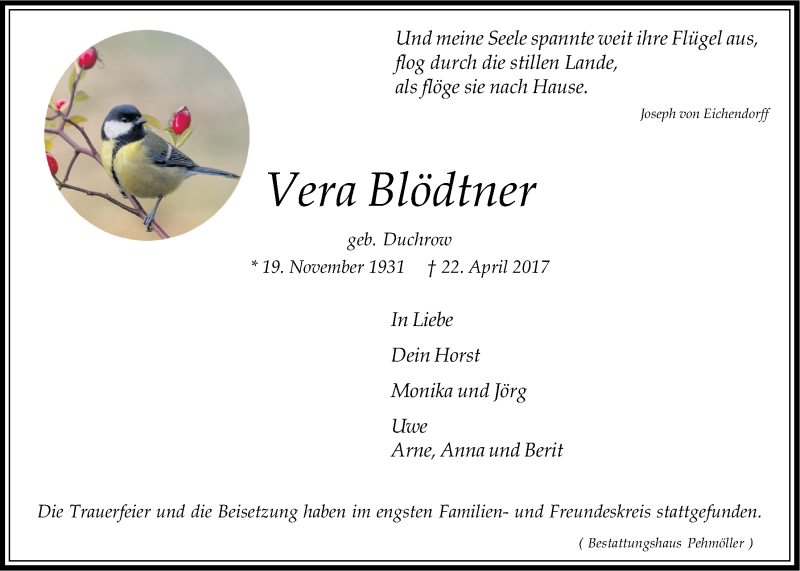  Traueranzeige für Vera Blödtner vom 29.04.2017 aus LZ