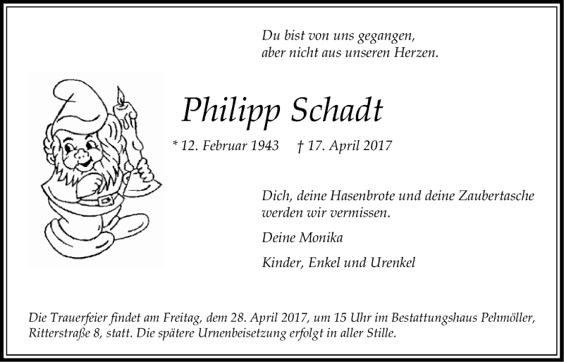  Traueranzeige für Philipp Schadt vom 22.04.2017 aus LZ