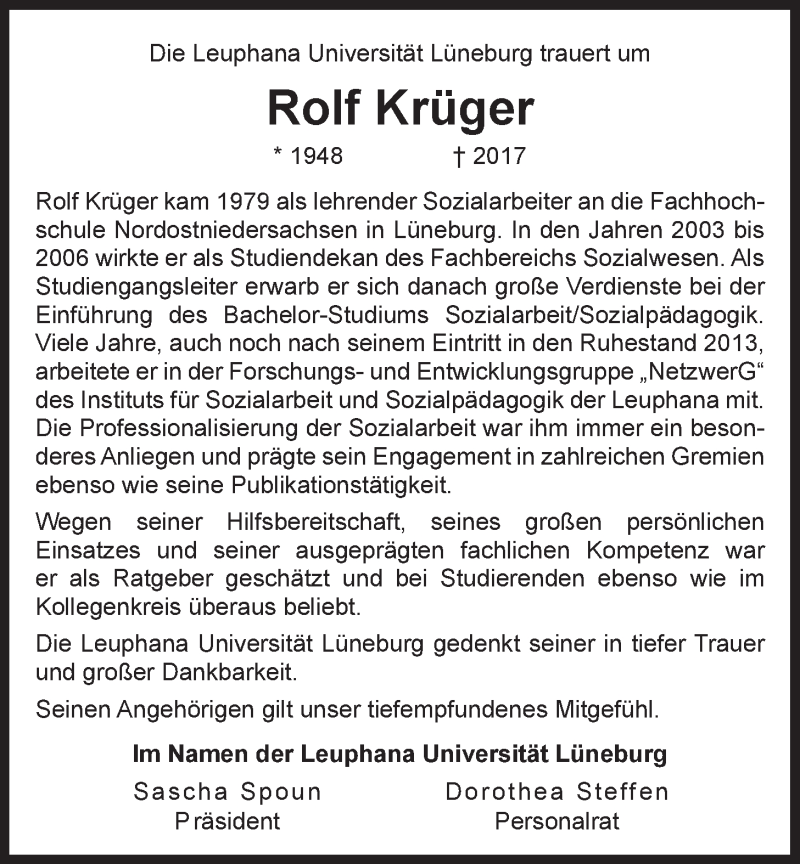  Traueranzeige für Rolf Krüger vom 20.05.2017 aus LZ
