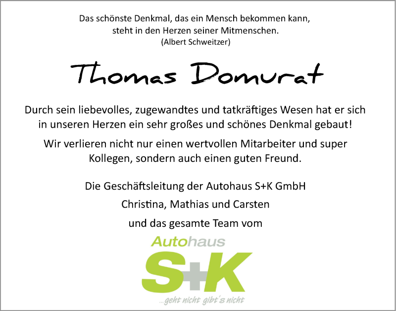  Traueranzeige für Thomas Domurat vom 27.05.2017 aus LZ