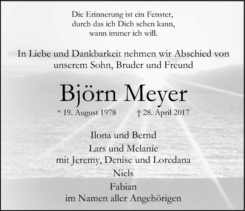  Traueranzeige für Björn Meyer vom 13.05.2017 aus LZ