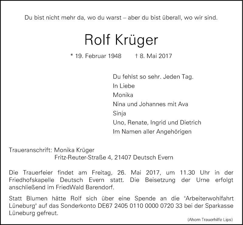  Traueranzeige für Rolf Krüger vom 20.05.2017 aus LZ