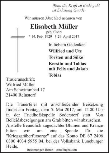 Anzeige von Elisabeth Müller von LZ