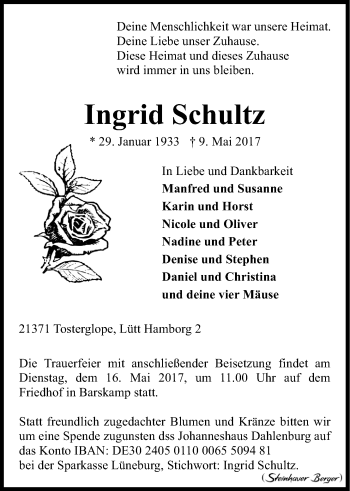 Anzeige von Ingrid Schultz von LZ
