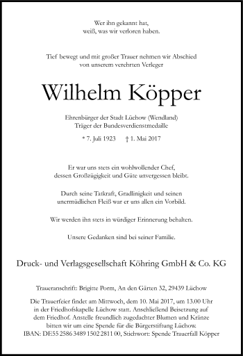 Anzeige von Wilhelm Köpper von LZ