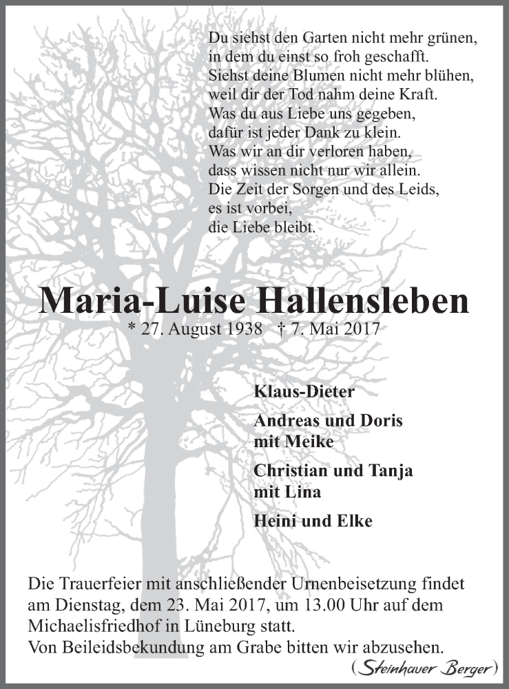 Traueranzeigen von MariaLuise Hallensleben TrauerLüneburg.de