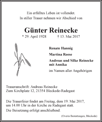 Anzeige von Günter Reinecke von LZ
