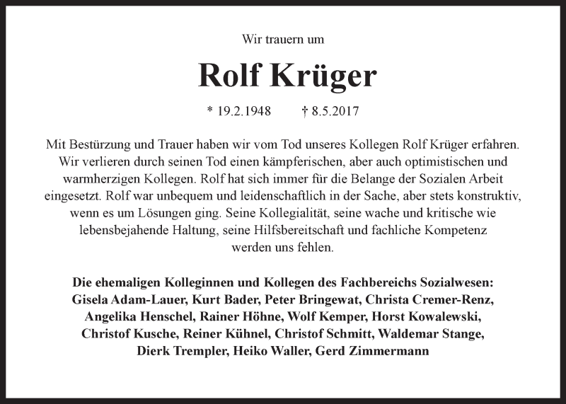  Traueranzeige für Rolf Krüger vom 20.05.2017 aus LZ