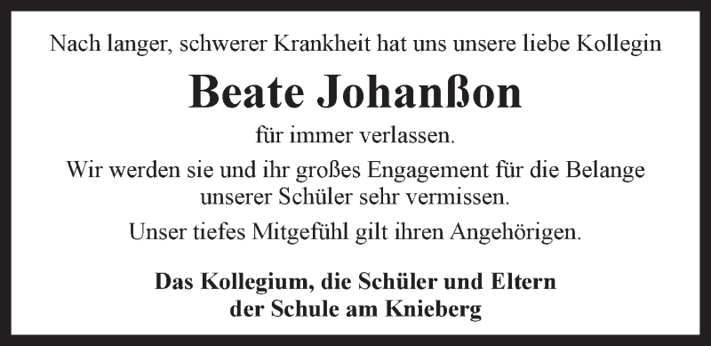  Traueranzeige für Beate Johanßon vom 05.05.2017 aus LZ